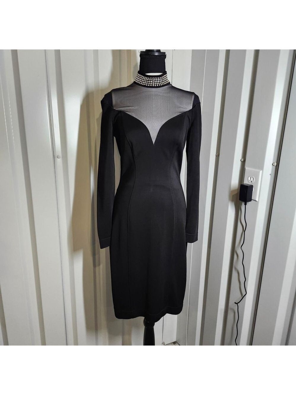Tadashi Women's 90's Black Cocktail Dress Size Medium Bling Rhinestone Sheer